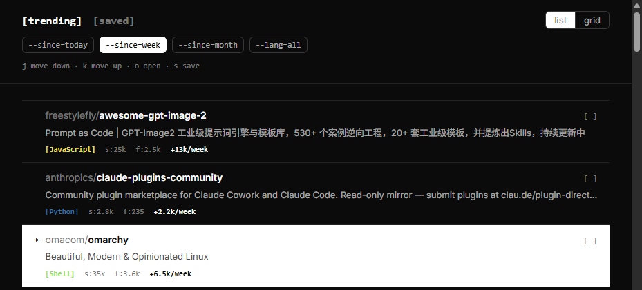 The rebuilt extension's new-tab view: a flat, ruled list of trending repos with a keyboard cursor and command-style filters